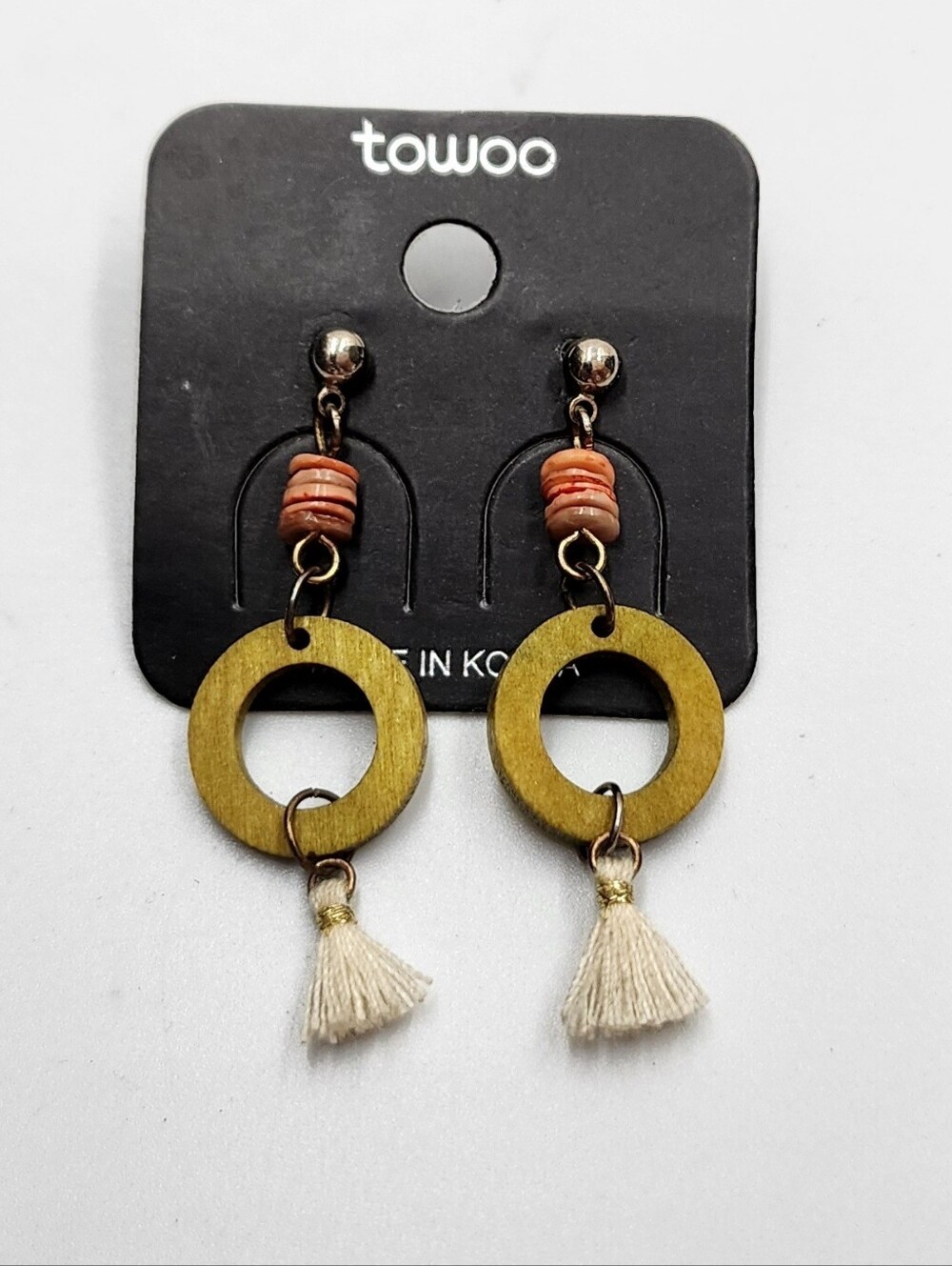 Geo Circle Wood Tassel Fringe Stud Earrings New NWT Towoo 1.5" Inches